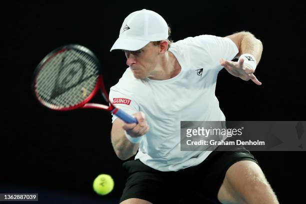 Kevin Anderson of South Africa plays a forehand in his match against Jaume Munar of Spain during day three of the Melbourne Summer Events at...