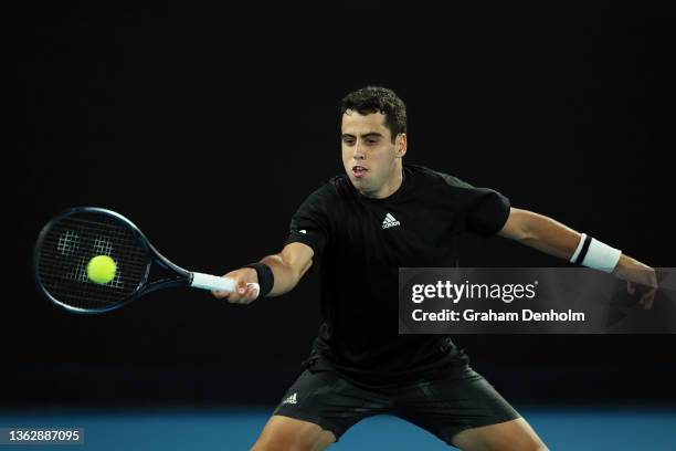 Jaume Munar of Spain plays a forehand in his match against Kevin Anderson of South Africa during day three of the Melbourne Summer Events at...