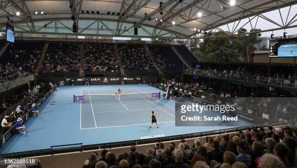 Ashleigh Barty of Australia and Cori Gauff of the USA during day four of the 2022 Adelaide International at Memorial Drive on January 05, 2022 in...