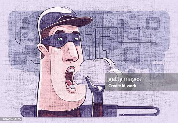 hacker holding cloud with open padlock - eating cracker stock illustrations