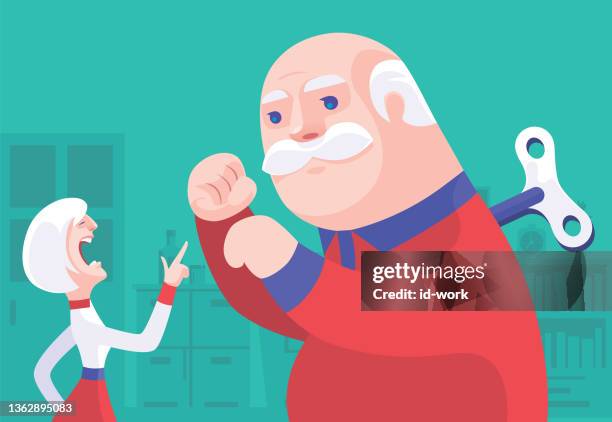 stockillustraties, clipart, cartoons en iconen met senior woman blaming husband - opwindspeeltje