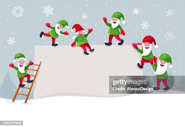 christmas banner with elves. greeting card design concept. - santa and his elves stock illustrations