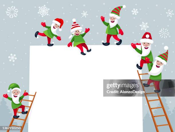 bildbanksillustrationer, clip art samt tecknat material och ikoner med christmas banner with elves. greeting card design concept. - nordisk natur