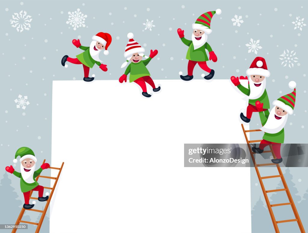 Christmas banner with elves. Greeting card design concept.