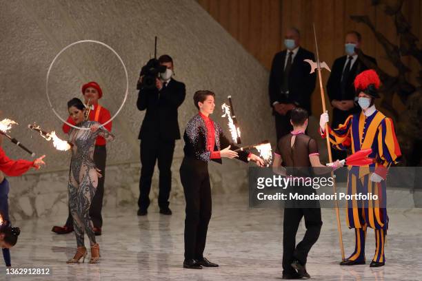 At the end of the general audience, Pope Francis attends the performance of the artists of the Ronny Roller Circus, an ancient Italian circus family...