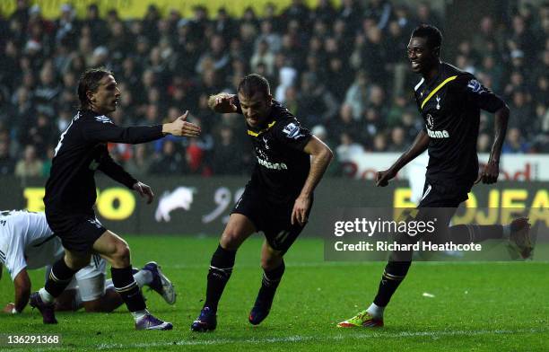 Rafael van der Vaart of Tottenham celebrates scoring the first goal during the Barclays Premier Legaue match between Swansea City and Tottenham...