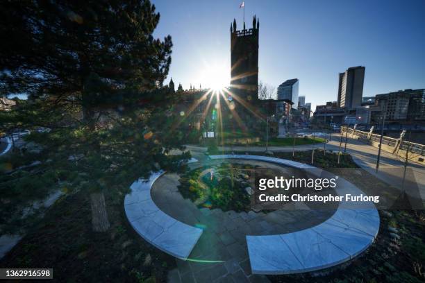 People view the newly opened 'Glade of Light' memorial to the victims of the 2017 Manchester Arena bomb attack on January 05, 2022 in Manchester,...