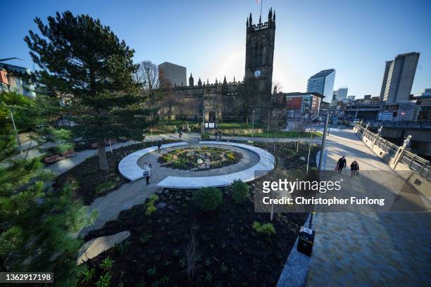 General view of the newly opened 'Glade of Light' memorial to the victims of the 2017 Manchester Arena bomb attack on January 05, 2022 in Manchester,...