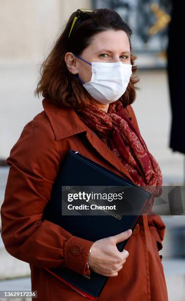 French Sports Minister Roxana Maracineanu wearing a protective face mask leaves the Elysee Palace after the first weekly cabinet meeting of the year...