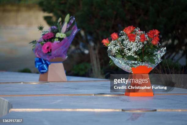 Flowers are placed at the newly opened 'Glade of Light' memorial to the victims of the 2017 Manchester Arena bomb attack on January 05, 2022 in...