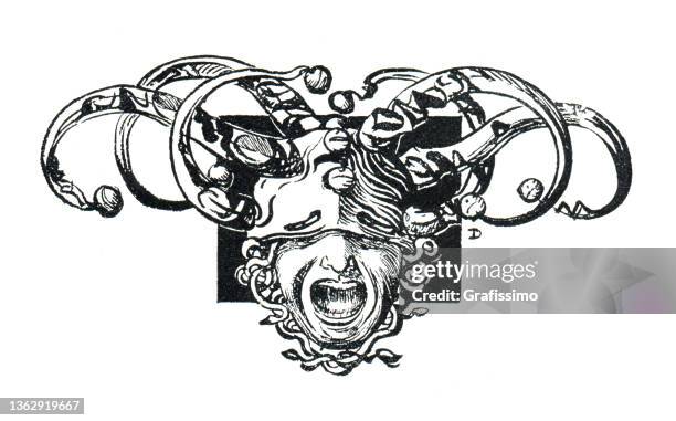 art nouveau design element for decoration jester fool head drawing 1899 - jester's hat stock illustrations