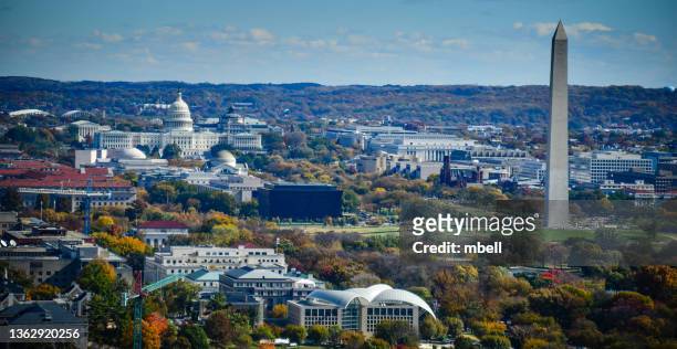 aerial view of washington dc with the us capitol building and washington monument along the national mall in late autumn - washington dc fotografías e imágenes de stock