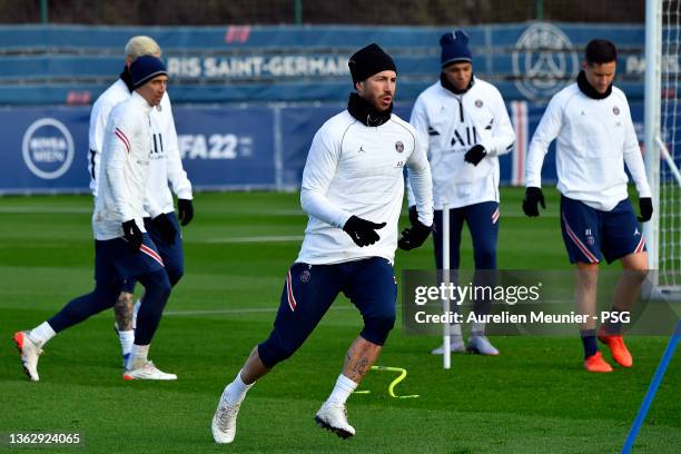 Sergio Ramo in action during a Paris Saint-Germain training session at Ooredoo Center on January 05, 2022 in Paris, France.