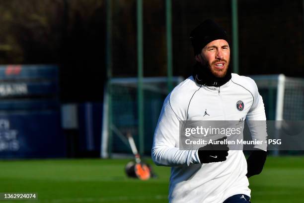 Sergio Ramo in action during a Paris Saint-Germain training session at Ooredoo Center on January 05, 2022 in Paris, France.