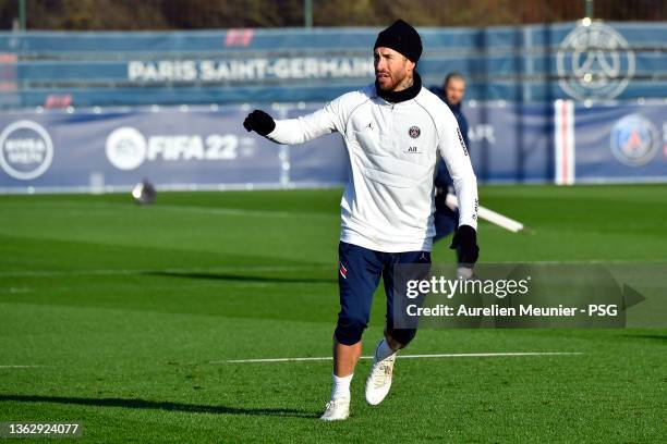 Sergio Ramo in action during a Paris Saint-Germain training session at Ooredoo Center on January 05, 2022 in Paris, France.