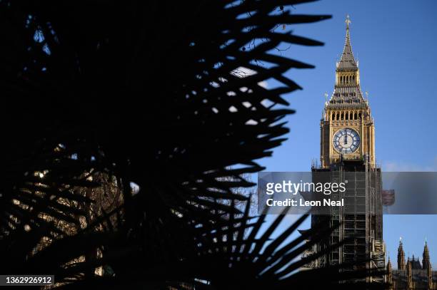 One of the clock faces on Queen Elizabeth Tower, commonly referred to as Big Ben, is seen as renovation work nears completion, on January 05, 2022 in...