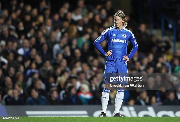 Fernando Torres of Chelsea looks dejected during the Barclays Premier League match between Chelsea and Aston Villa at Stamford Bridge on December 31,...