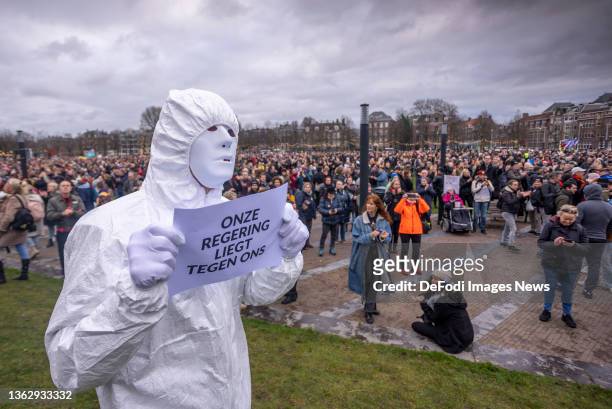Demonstrators disagreeing with the COVID-19 measures have gathered in Amsterdam on January 2, 2022 in Amsterdam, Netherlands.The demonstration took...