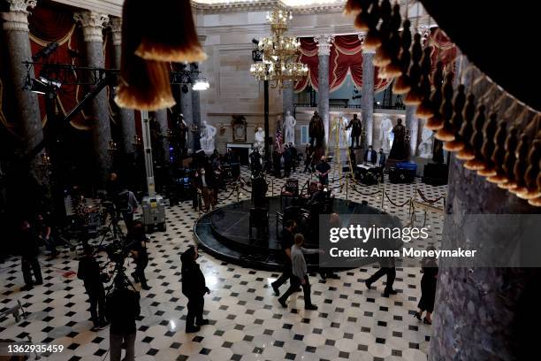 Equipment is moved into Statuary Hall in the U.S. Capitol Building on January 05, 2022 in Washington, DC. Law enforcement agents and lawmakers...