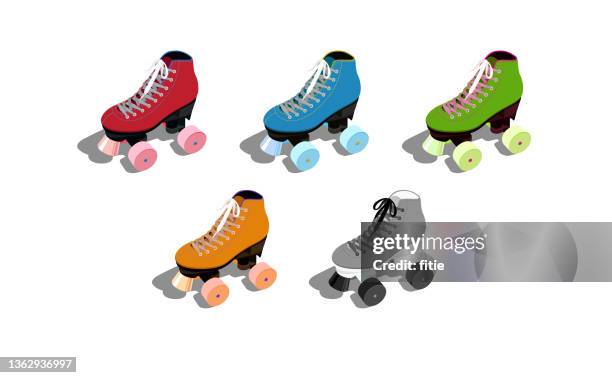 sport style set of retro colorful roller skates ,isometric view. - old boot icon stock illustrations