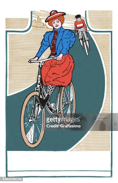 woman in dress driving on bicycle drawing 1899 - vintage bicycle stock illustrations