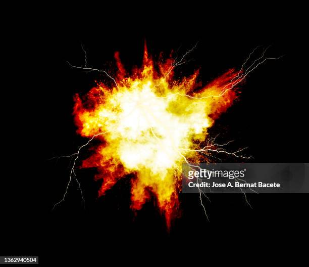 electric explosion of smoke and fire with lightning on a black background - fireball stock-fotos und bilder