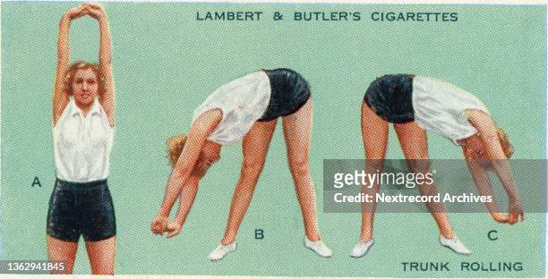 Collectible tobacco or cigarette card, 'Get Fit' series, published in 1937 by Lambert and Butler's Cigarettes, depicting a female athlete...