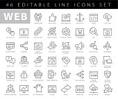 Web Development - thin line vector icon set. Pixel perfect. Editable stroke. The set contains icons: Web Design, Data Analyzing, Coding, SEO, Portfolio, Web Page, Creative Occupation