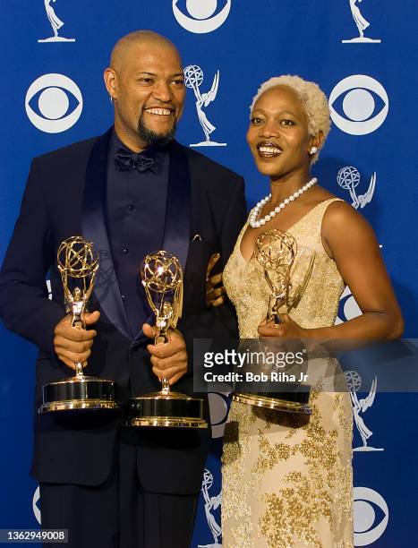 Emmy Winners Laurence Fishburne and Alfre Woodard backstage at the Emmy Awards Show, September 8,1996 in Pasadena, California.