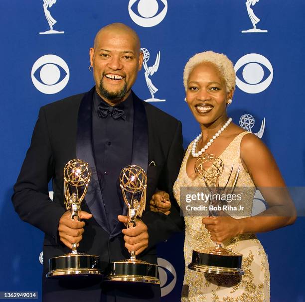 Emmy Winners Laurence Fishburne and Alfre Woodard backstage at the Emmy Awards Show, September 8,1996 in Pasadena, California.