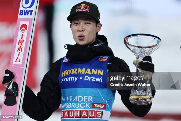 Winner Ryoyu Kobayashi of Japan poses for a photo during the victory ceremony for the Individual HS142 at the Four Hills Tournament Men Bischofshofen...