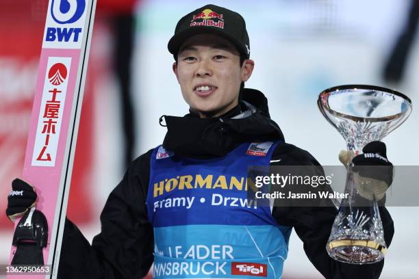 Winner Ryoyu Kobayashi of Japan poses for a photo during the victory ceremony for the Individual HS142 at the Four Hills Tournament Men Bischofshofen...