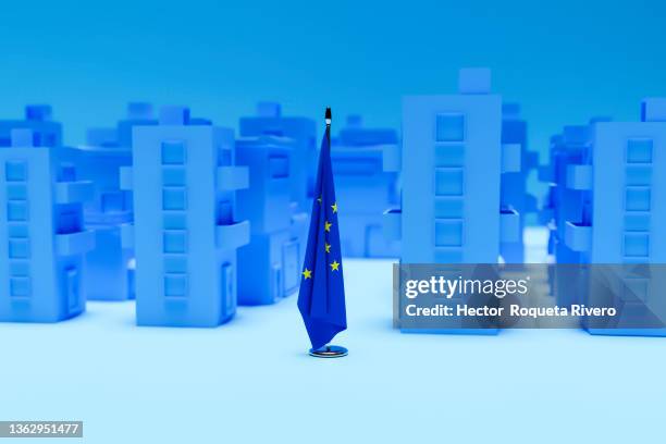 3d of european union flag in front of the eurotower in frankfurt, render image digital computer - european union currency stock-fotos und bilder