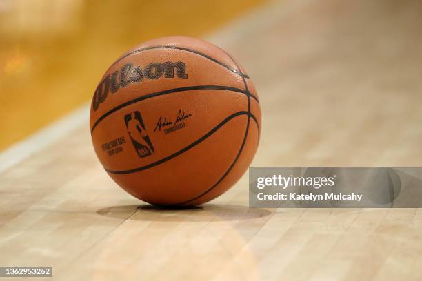 Detailed view of the Wilson ball during the game between the Los Angeles Lakers and the Minnesota Timberwolves at Crypto.com Arena on January 02,...