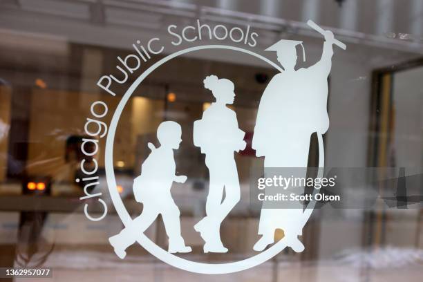 Sign is displayed on the front of the headquarters for Chicago Public Schools on January 05, 2022 in Chicago, Illinois. Classes at all of Chicago...