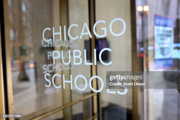 Sign is displayed on the front of the headquarters for Chicago Public Schools on January 05, 2022 in Chicago, Illinois. Classes at all of Chicago...
