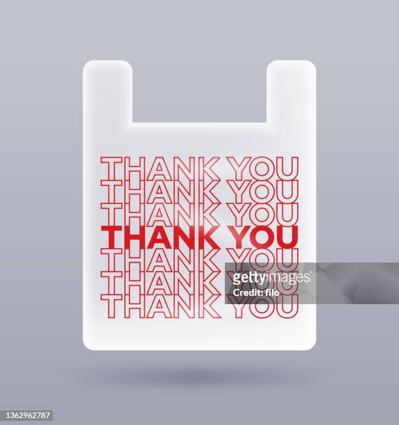 ilustraciones, imágenes clip art, dibujos animados e iconos de stock de bolsa de plástico con mensaje de agradecimiento - thank you