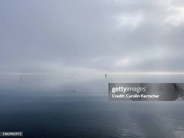 view of lake constance with a cloudy sky - bodensee stock-fotos und bilder