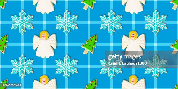 christmas tree, blue snowflake and angel: christmas cookie repeating pattern background wallpaper - sugar cookie background stock illustrations