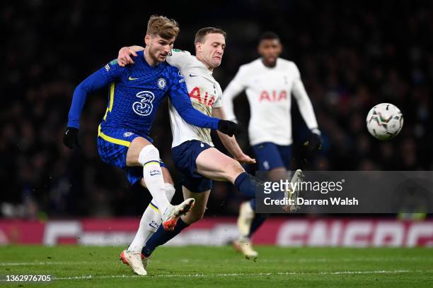 Timo Werner of Chelsea battles for possession with Oliver Skipp of Tottenham Hotspur during the Carabao Cup Semi Final First Leg match between...