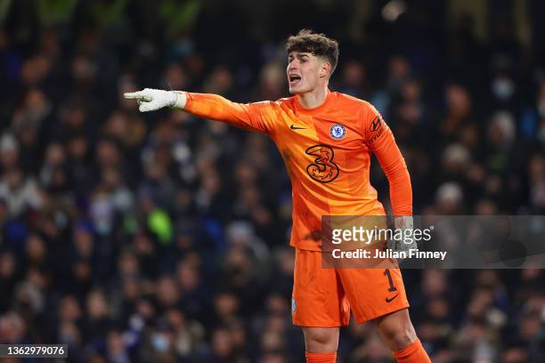 Kepa Arrizabalaga of Chelsea gives their team mates instructions during the Carabao Cup Semi Final First Leg match between Chelsea and Tottenham...