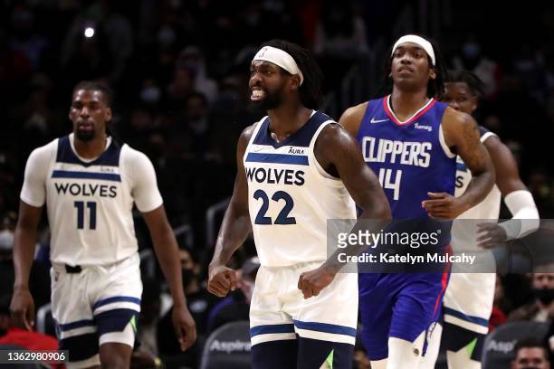 Patrick Beverley of the Minnesota Timberwolves reacts to a play during the third quarter against the Los Angeles Clippers at Crypto.com Arena on...