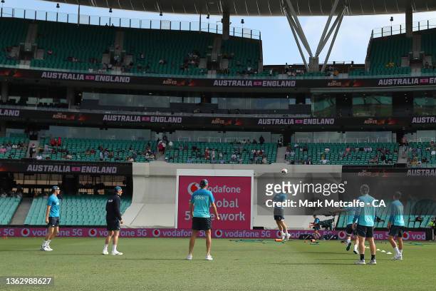 The England team warm up during day two of the Fourth Test Match in the Ashes series between Australia and England at Sydney Cricket Ground on...