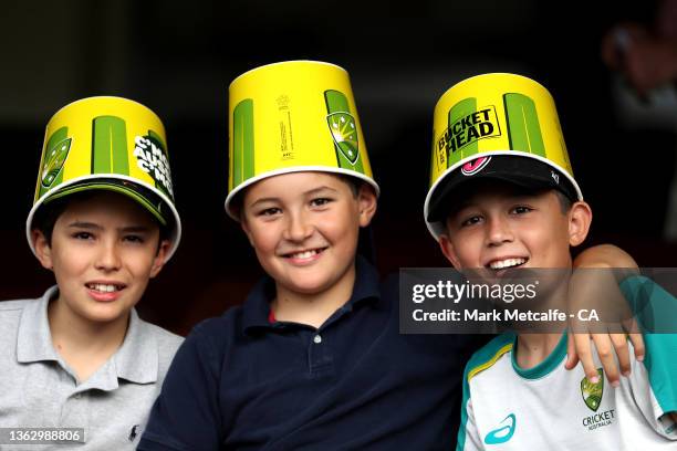 Fans pose during day two of the Fourth Test Match in the Ashes series between Australia and England at Sydney Cricket Ground on January 06, 2022 in...