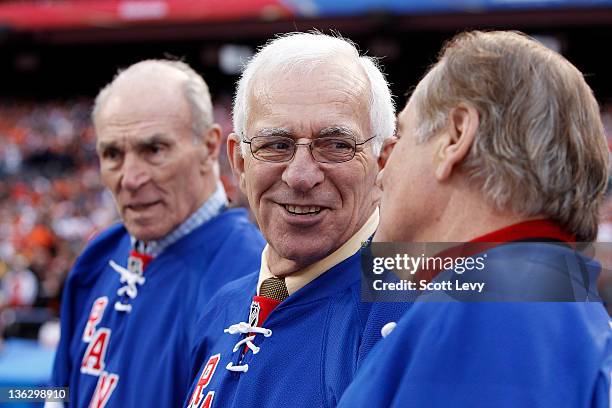 New York Rangers ambassadors Harry Howell, Ed Giacomin and Rod Gilbert prior to the game against the Philadelphia Flyers at Citizens Bank Park during...