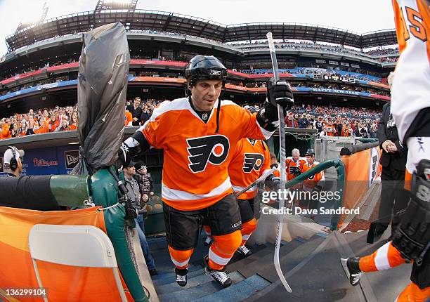 Rick Tocchet of the Philadelphia Flyers takes the ice during the Alumni game against the New York Rangers prior to the 2012 Bridgestone NHL Winter...