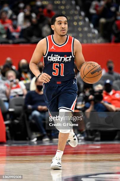 Tremont Waters of the Washington Wizards handles the ball against the Chicago Bulls at Capital One Arena on January 01, 2022 in Washington, DC. NOTE...