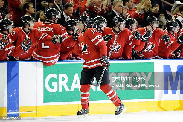 Mark Stone of Team Canada celebrates his first period goal against Team USA during the 2012 World Junior Hockey Championship game at Rexall Place on...