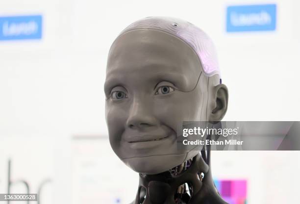 An Ameca model humanoid robot by British company Engineered Arts is displayed at CES 2022 at The Venetian Las Vegas on January 5, 2022 in Las Vegas,...