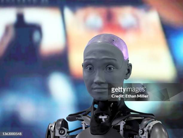An Ameca model humanoid robot by British company Engineered Arts is displayed at CES 2022 at The Venetian Las Vegas on January 5, 2022 in Las Vegas,...